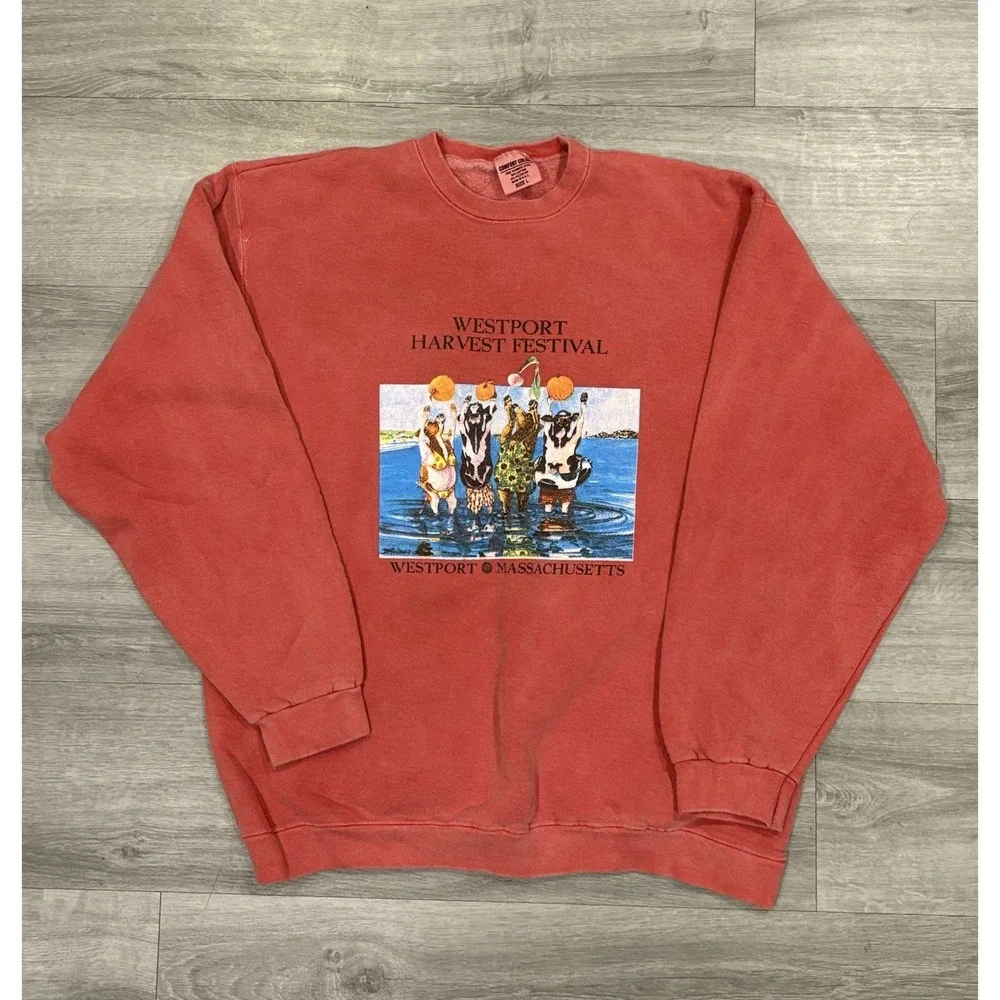 Vintage 90s Westport‎ MA Harvest Fest Dancing Cows Crewneck Sweater Size Large